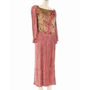 Vintage 1980s Mary McFadden Couture Plisse Pleat‎ Gown Midi Flocked Velvet Event